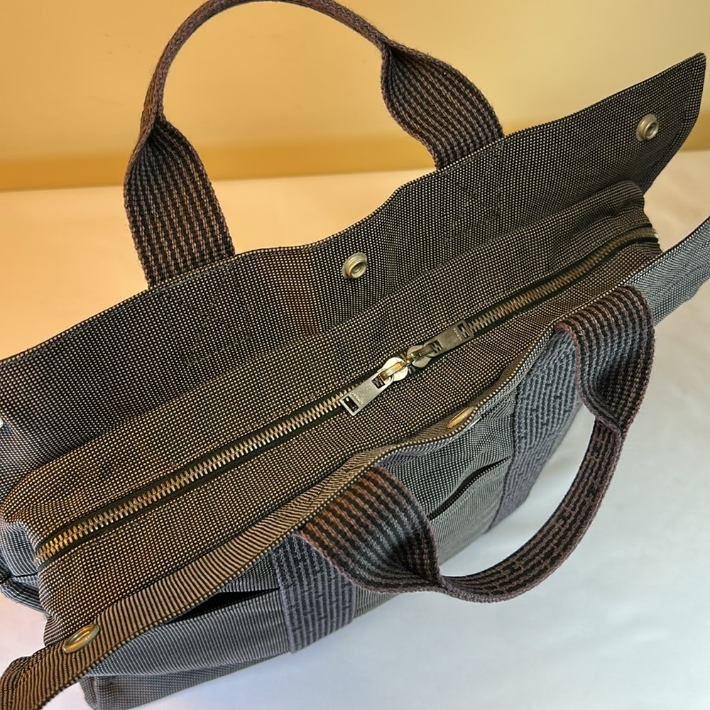 Hermes Heavy Canvas Vintage Zip Tote Gray w/H Design on Web straps Holds Laptop - Picture 12 of 14